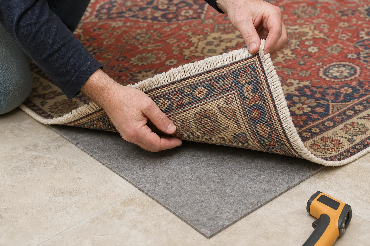 Close inspection of the corner, reverse, fringe and breathable underlay of a hand-knotted rug on a floor with underfloor heating