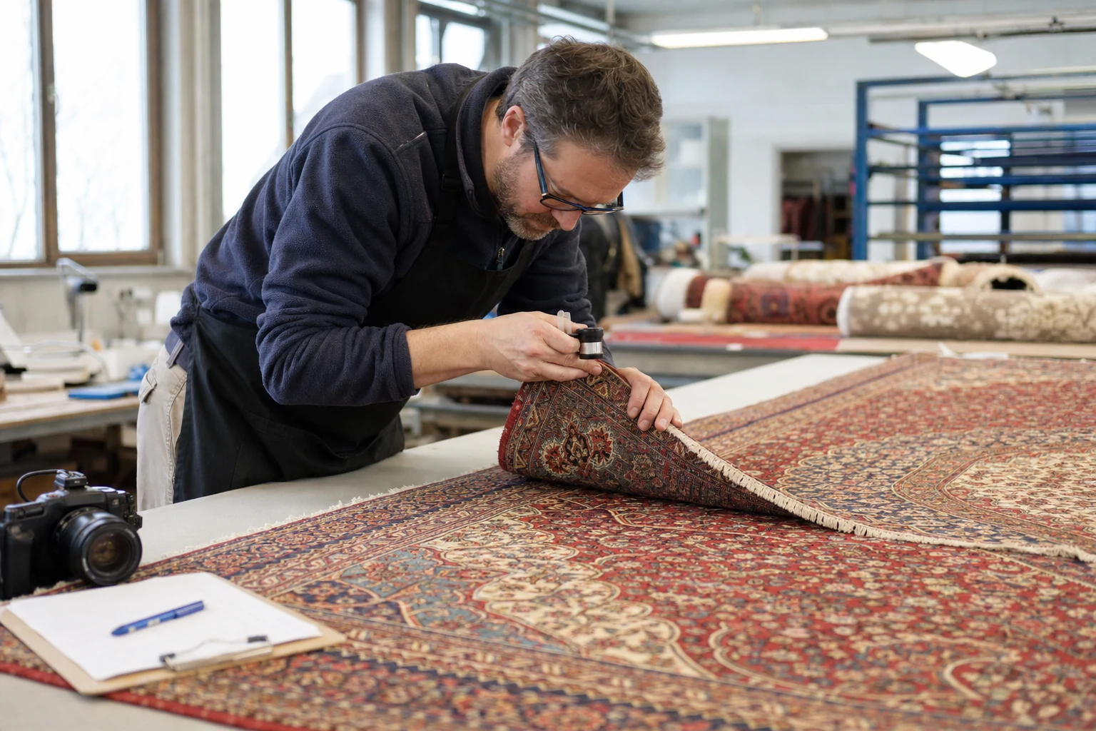 A textile specialist examines the reverse, edge and condition of a hand-knotted Persian rug before cleaning