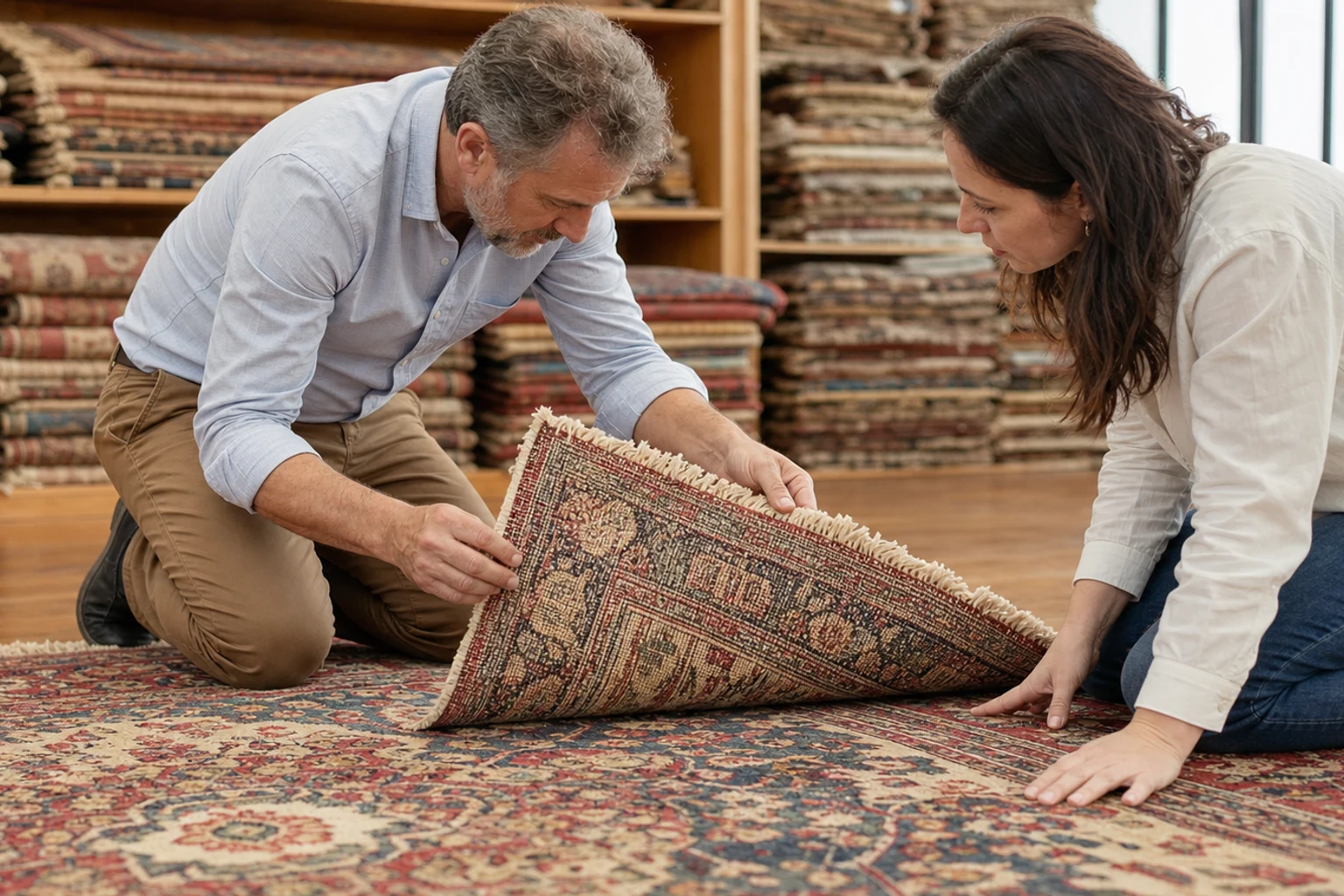 Inspecting a hand-knotted rug