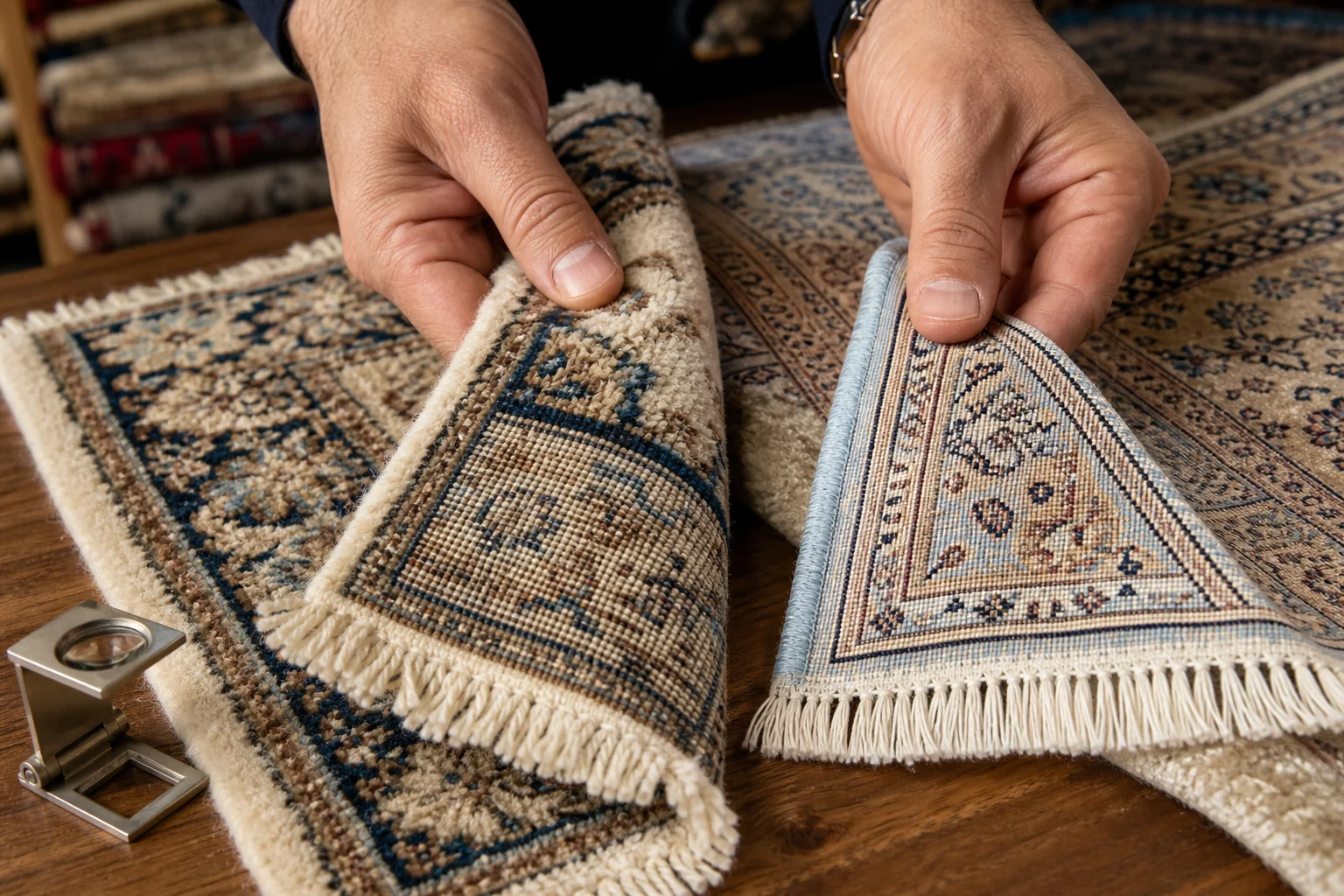 Close comparison of wool and silk hand-knotted rugs showing pile, reverse, knots and fringe