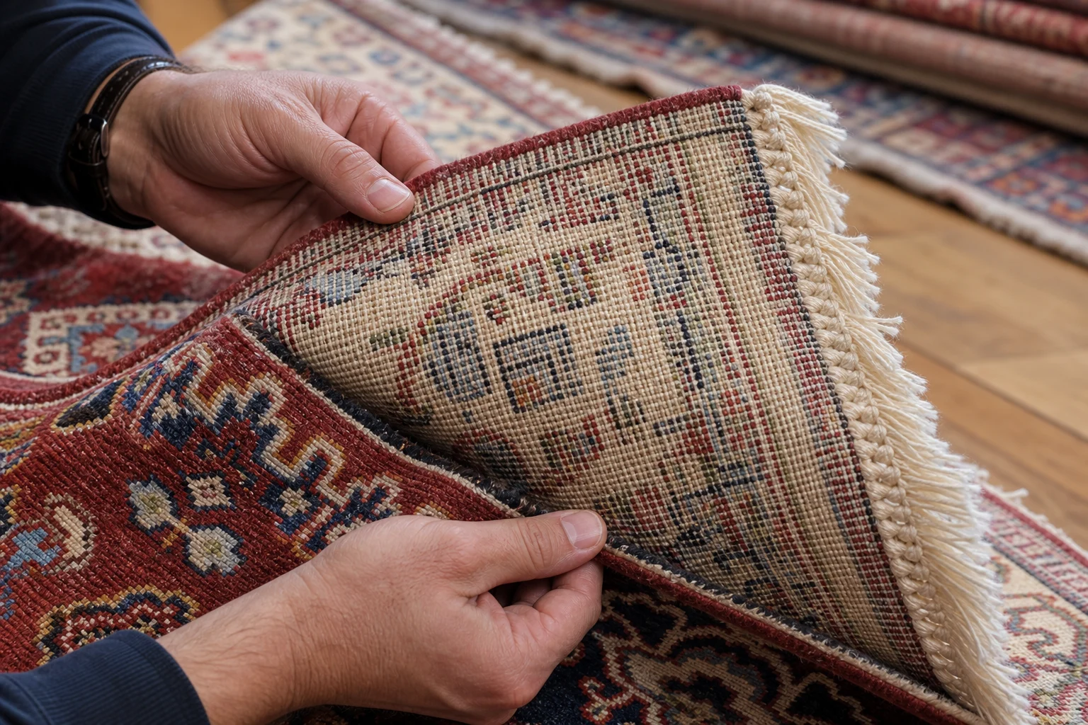 Close detail of a Persian hand-knotted rug showing the face, reverse, knots, side binding and fringe
