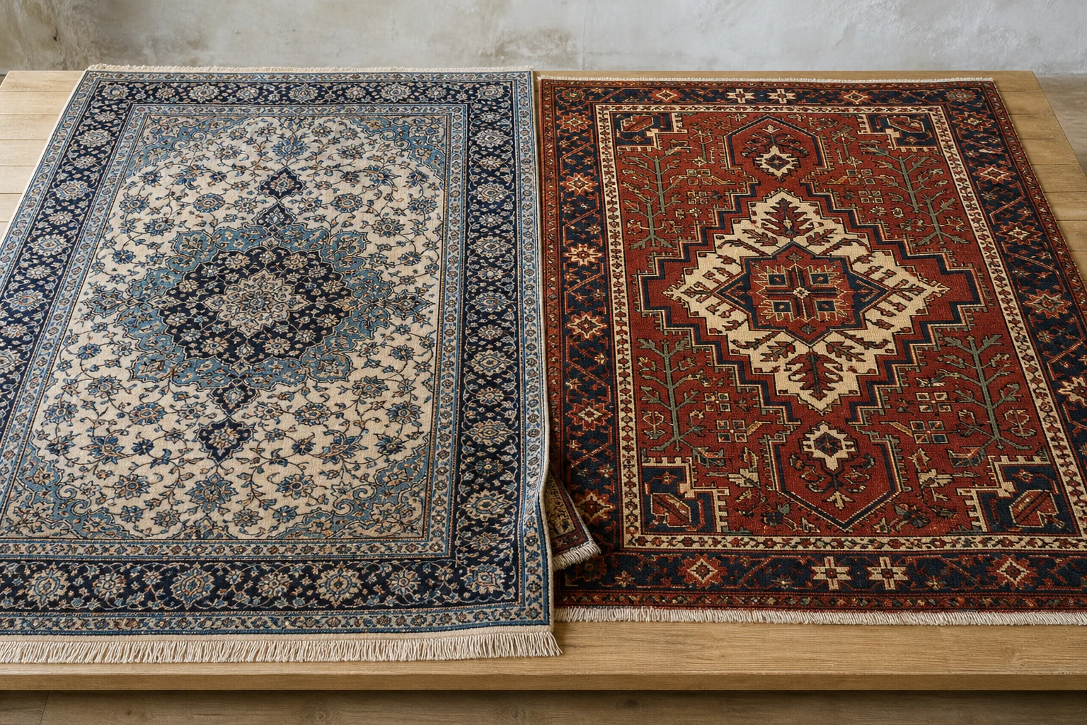 Comparison of a fine blue-and-ivory city-style Persian rug and a bold red rug with an angular geometric medallion