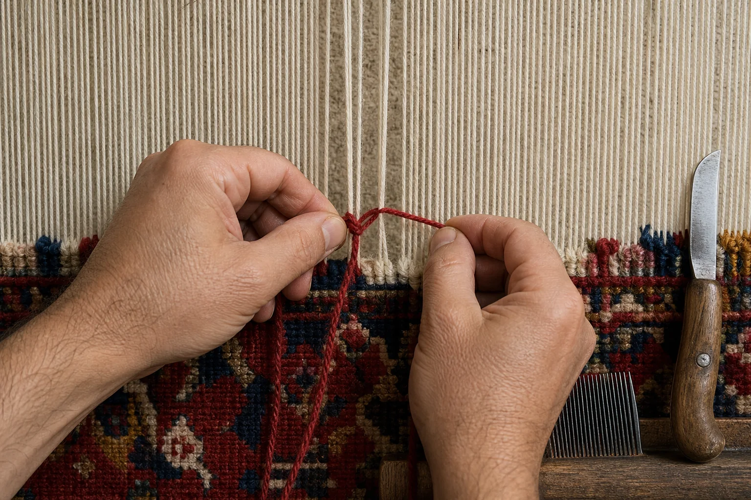 Close view of hands tying a red wool knot around the cotton warp of a Persian rug