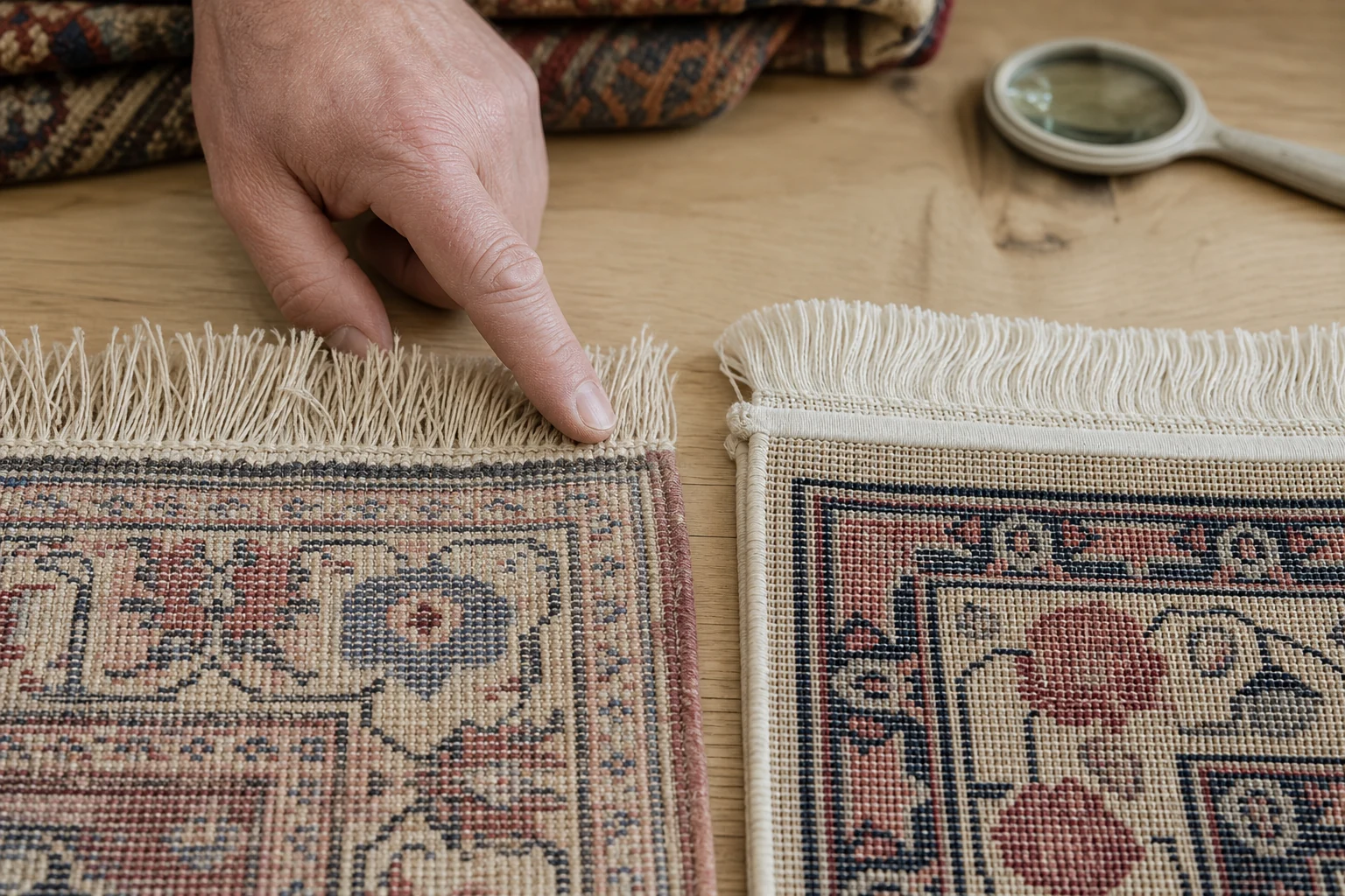 The reverse of a hand-knotted rug compared with the regular construction of a machine-made imitation
