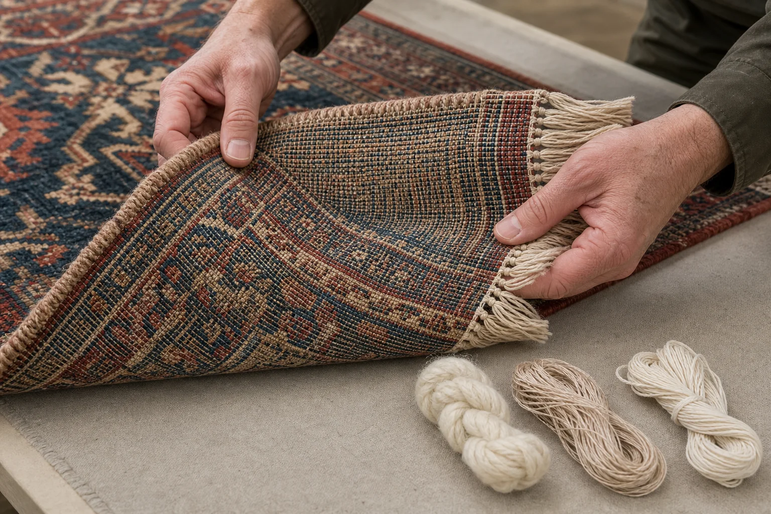 A specialist lifts a hand-knotted rug corner to compare wool pile, the reverse, cotton fringe and samples of yarn