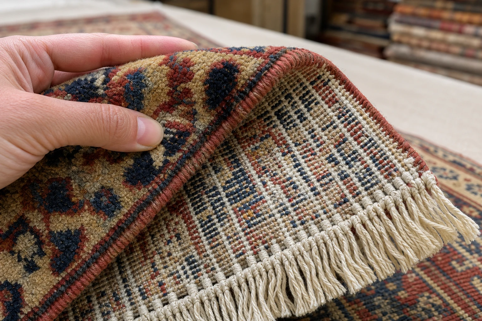 A folded hand-knotted rug corner shows pile, reverse knot structure, side binding and warp threads continuing into fringe