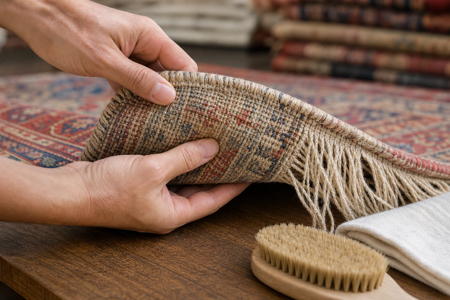 Close-up of a careful hand inspection of the reverse, knots, side binding and fringe of a hand-knotted wool rug