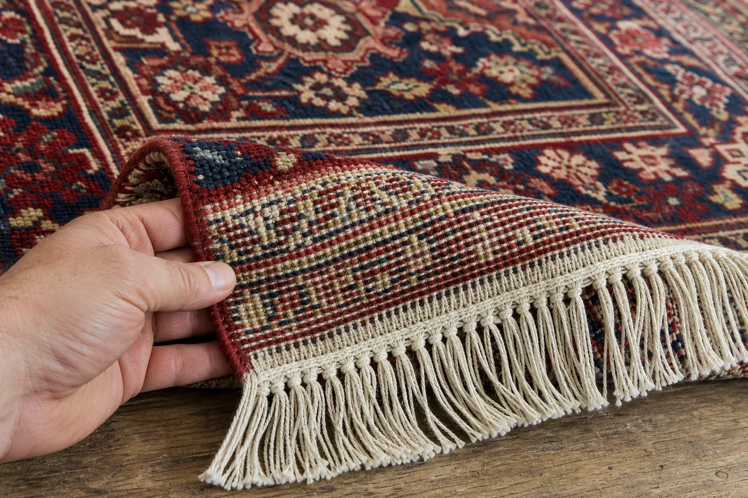 Lifted corner of a hand-knotted rug showing wool pile, rows of knots on the reverse and cotton warp continuing into the fringe