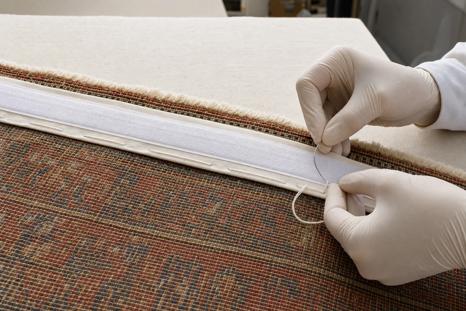 A textile conservator sewing a cotton support sleeve with a continuous hook-and-loop system to the reverse of a rug