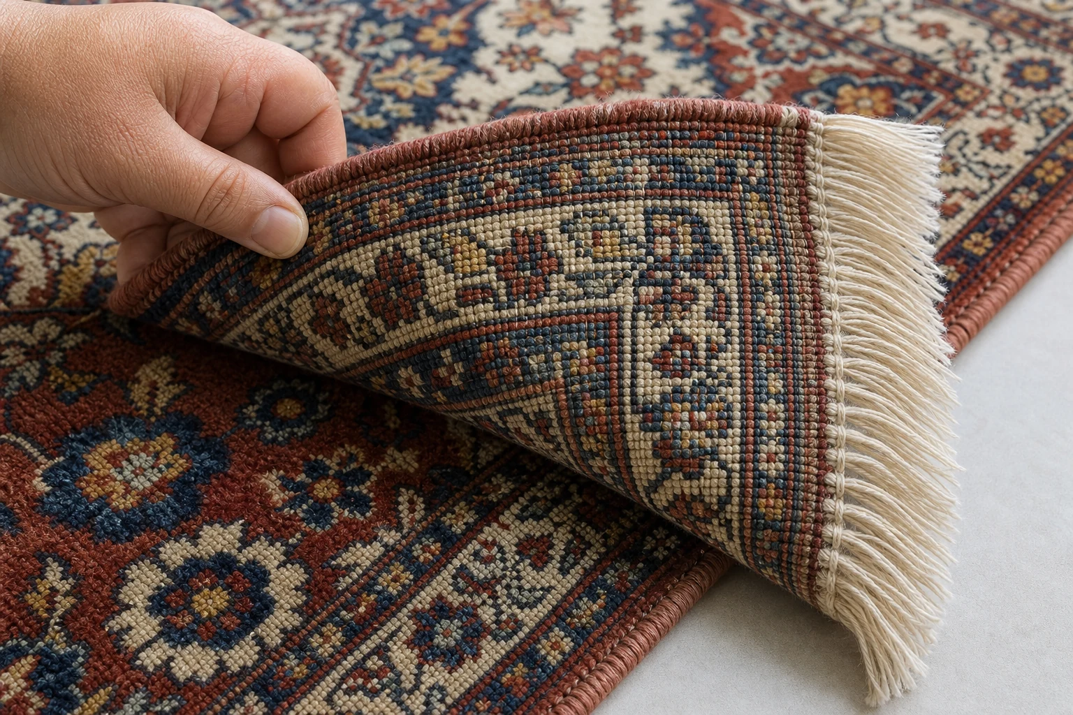 Detail of the pile, knot nodes on the reverse, secure side overcasting and warp threads continuing into the fringe of a hand-knotted rug