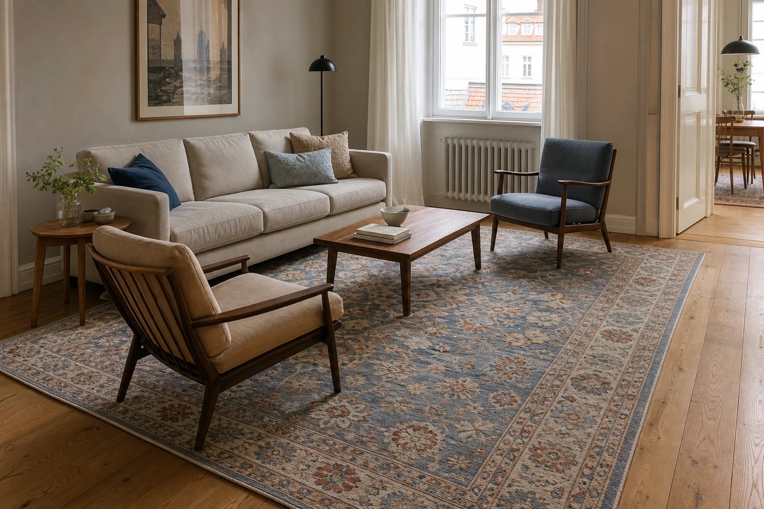 A correctly scaled hand-knotted rug connects the sofa and two armchairs by supporting their front legs in one seating group