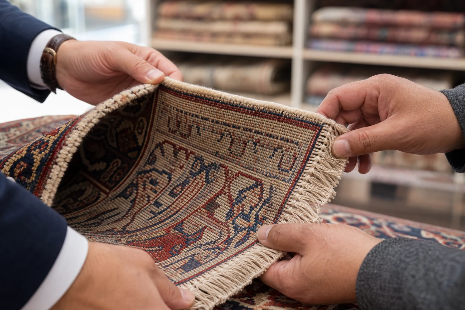 A customer and specialist inspect the reverse, fringe and side edge of a hand-knotted Persian rug in a showroom