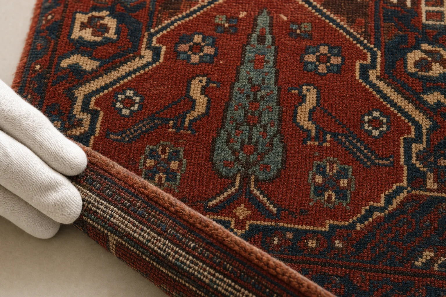 Detail of a hand-knotted rug with a stylised cypress, birds and flowers; the lifted edge reveals its knotted construction