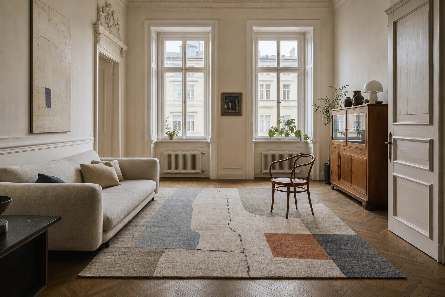 A modern abstract hand-knotted rug in a historic Prague interior with plaster moulding and parquet flooring