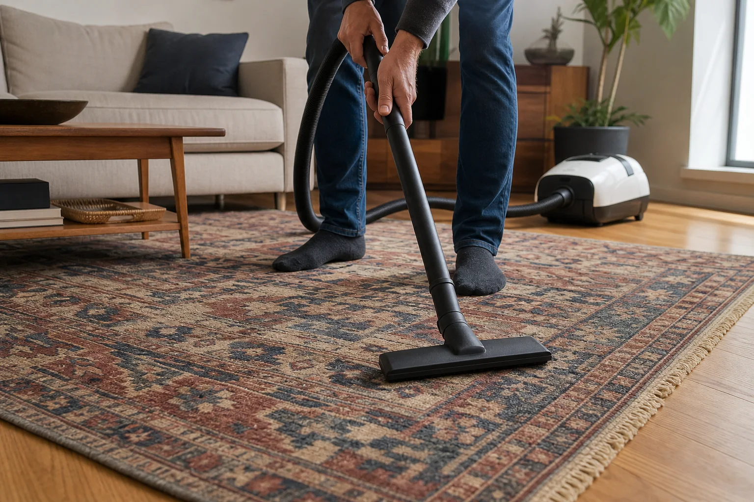 Gentle vacuuming of a hand-knotted wool rug with a smooth suction-only nozzle kept away from the fringe