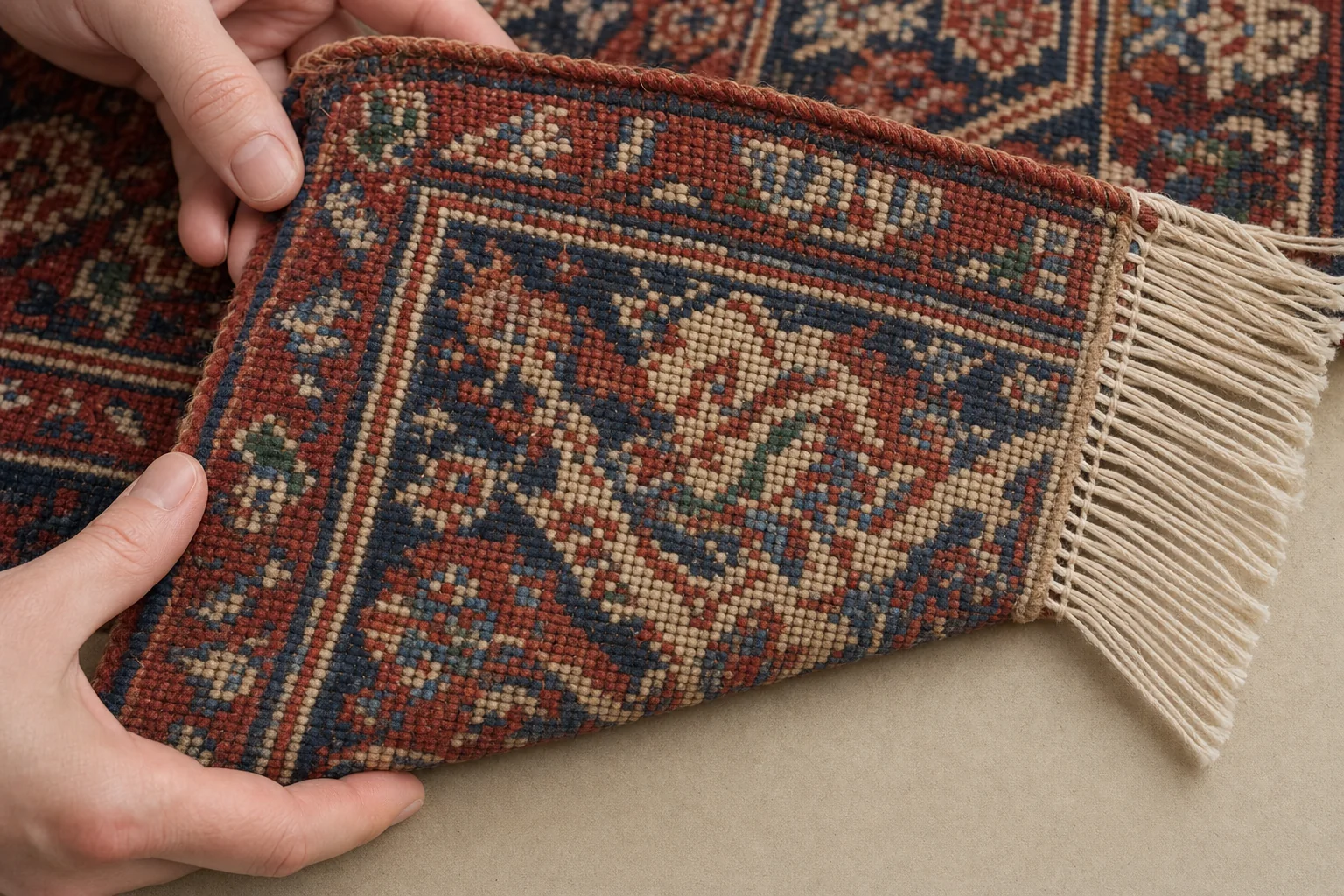A folded hand-knotted rug corner reveals pile on the face, individual knot nodes on the reverse and warp threads continuing into fringe