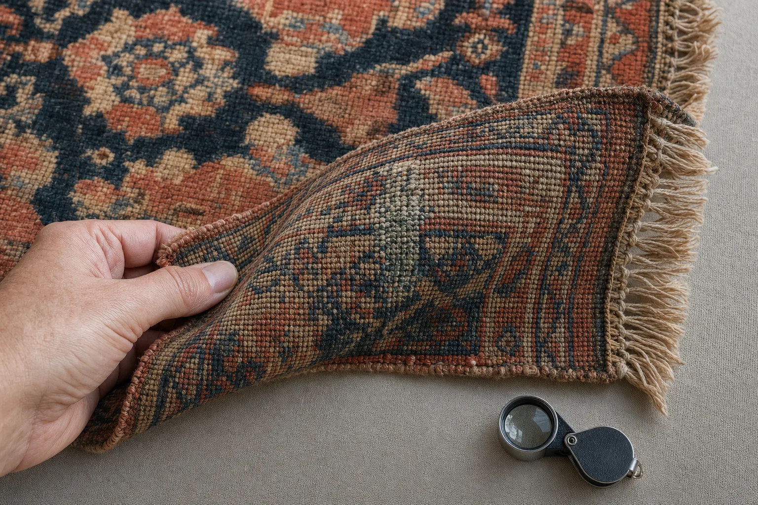 Close professional inspection of pile, reverse, knots, edge, fringe and an older repair on an old hand-knotted rug