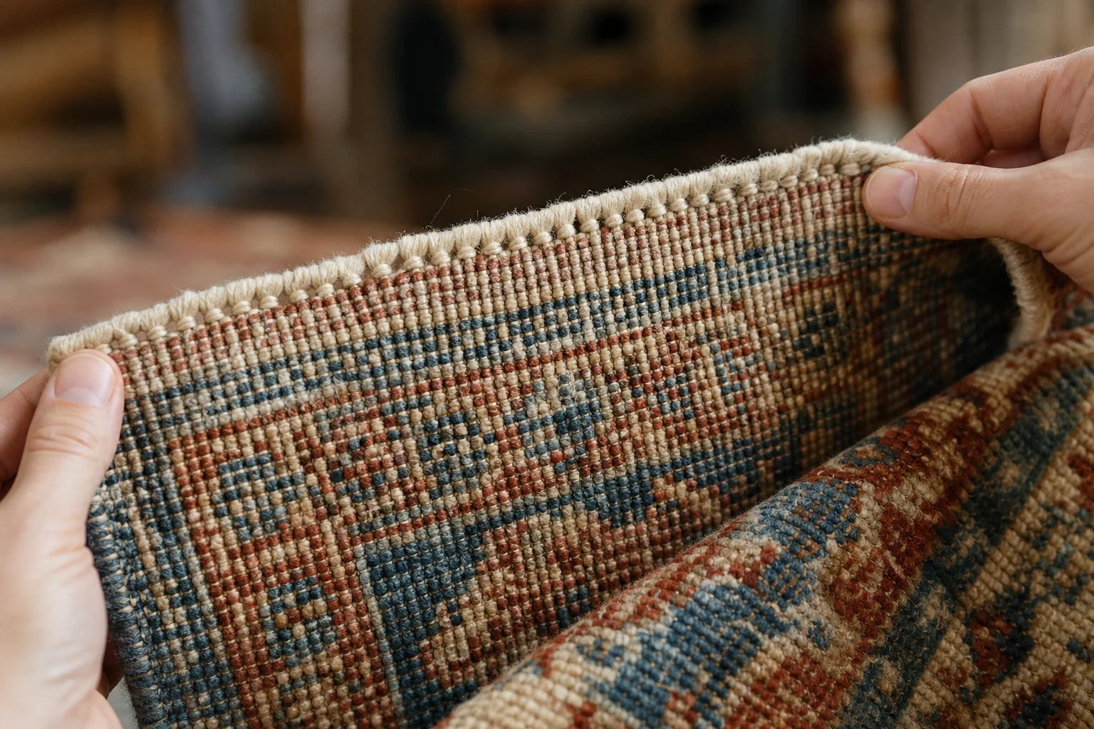 Close-up of the reverse of a hand-knotted rug with visible knots and warp