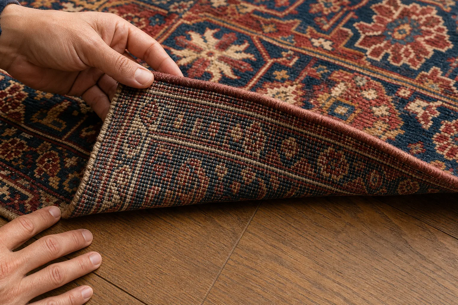 Close comparison of pile, side edge and reverse with visible knot rows on a hand-knotted Persian rug
