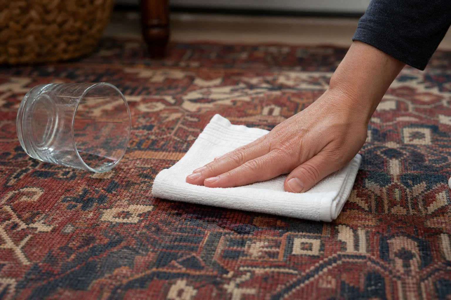 Gently blotting freshly spilled water from a hand-knotted rug with a clean white cotton cloth