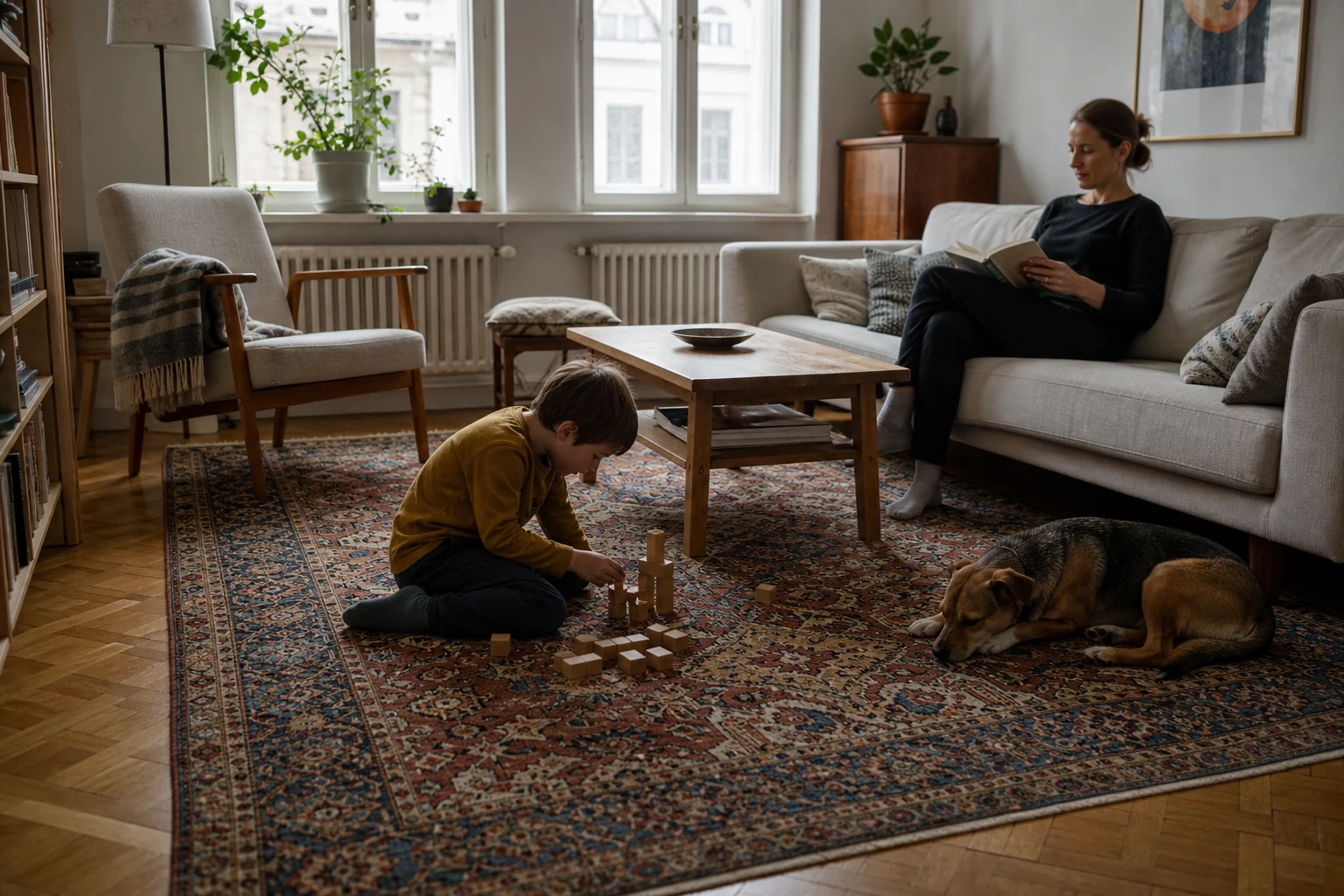 A quality hand-knotted wool rug in an everyday family living room with a child and a resting dog