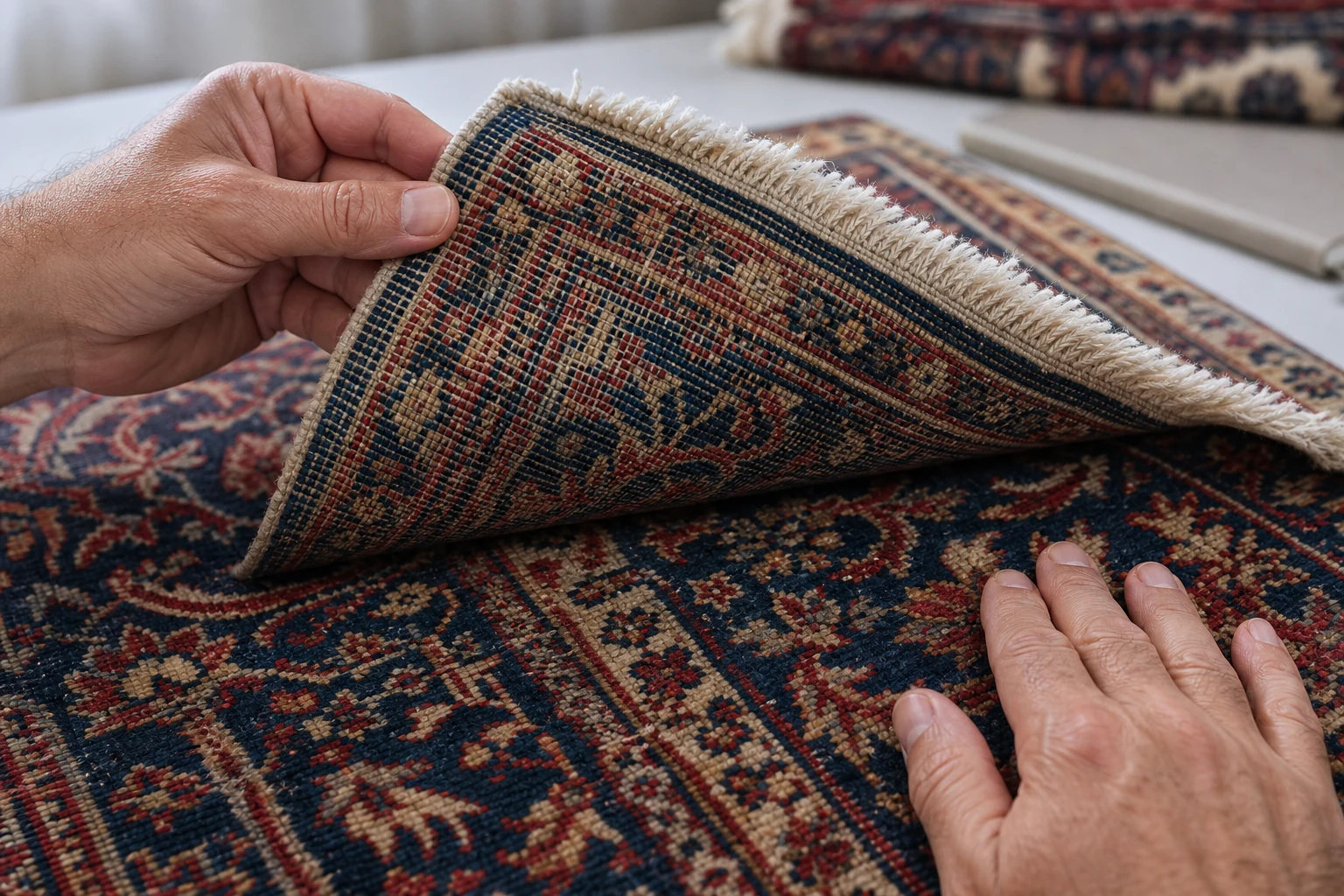Front and reverse of a hand-knotted Persian rug being examined for knots and condition