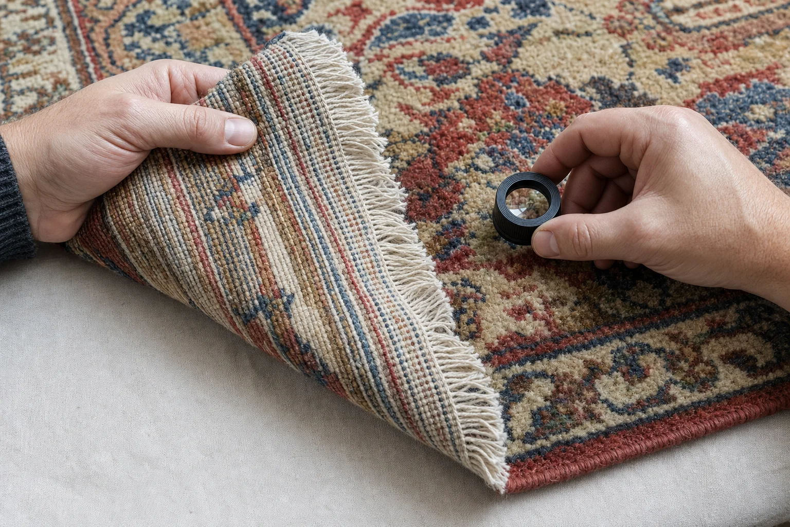 A specialist lifts the corner of a hand-knotted rug and uses a loupe to examine pile, knots, reverse and fringe when assessing fibre loss