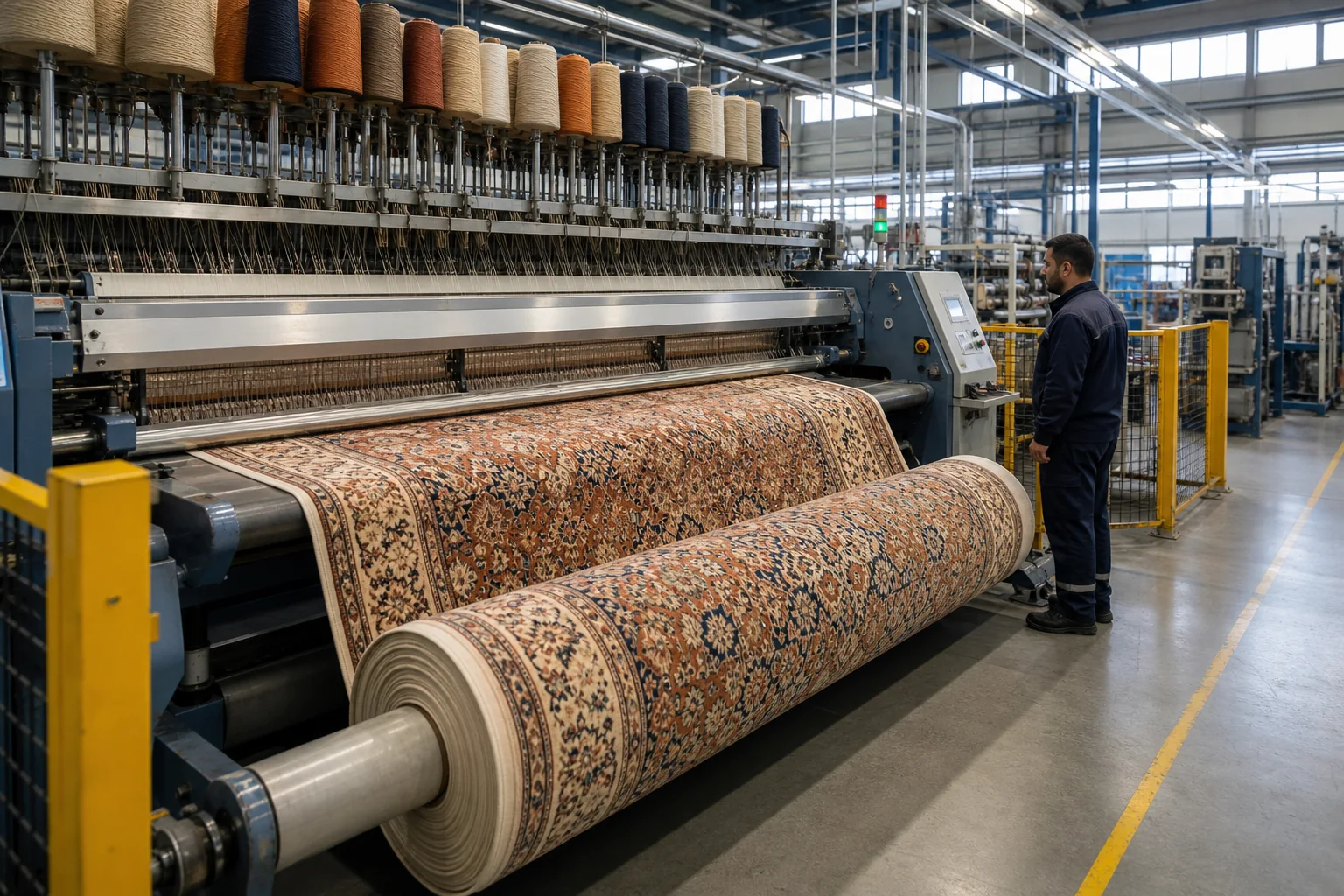 A modern automated production line makes a repeatable carpet pattern at industrial width and volume
