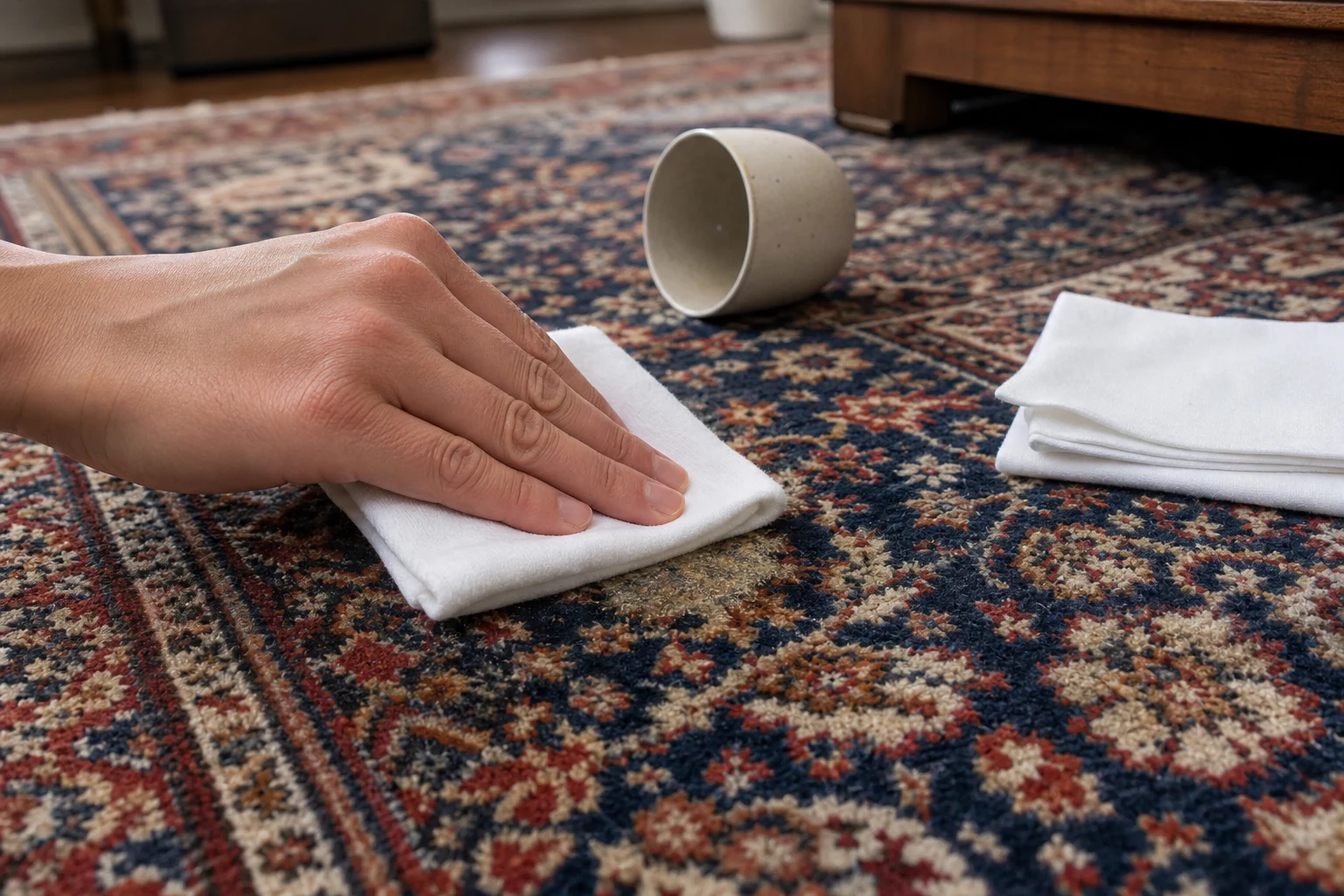 A clean white cloth gently blots a fresh spill from a hand-knotted rug without rubbing or applying chemicals