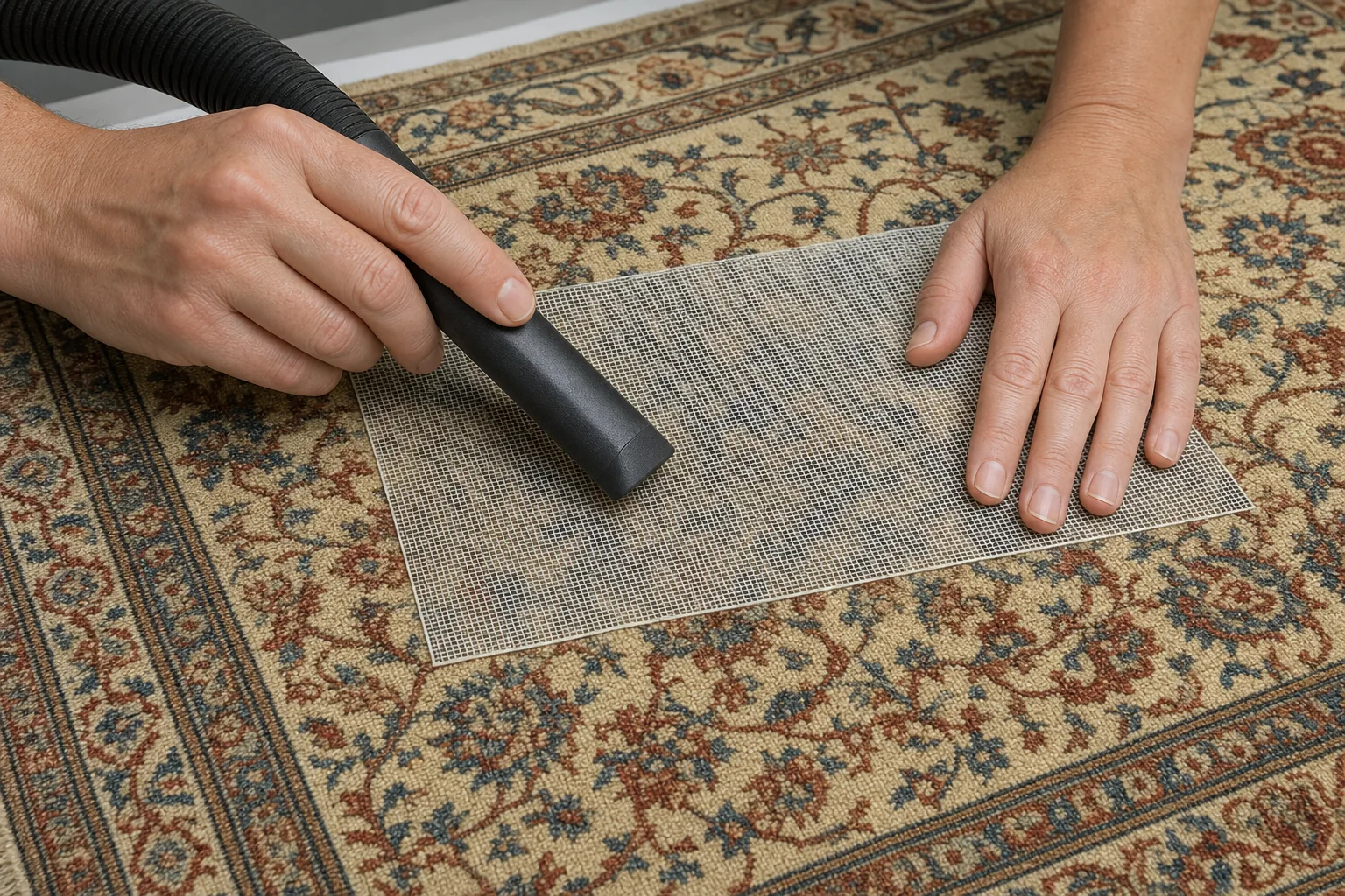 A conservator gently vacuums a hand-knotted silk rug through a protective screen at low suction