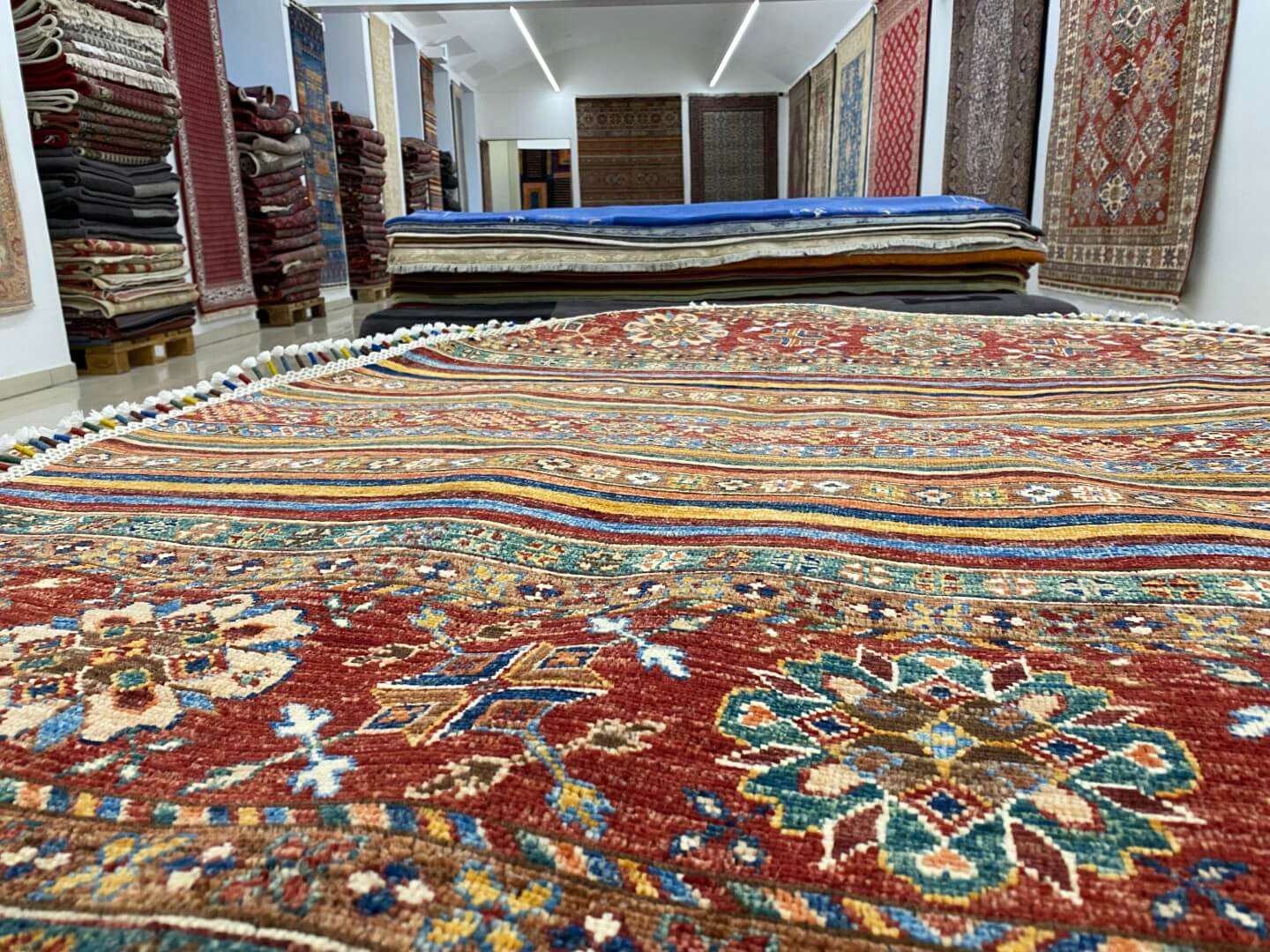 A real view of the quantity of hand-knotted rugs available at Carpeteria