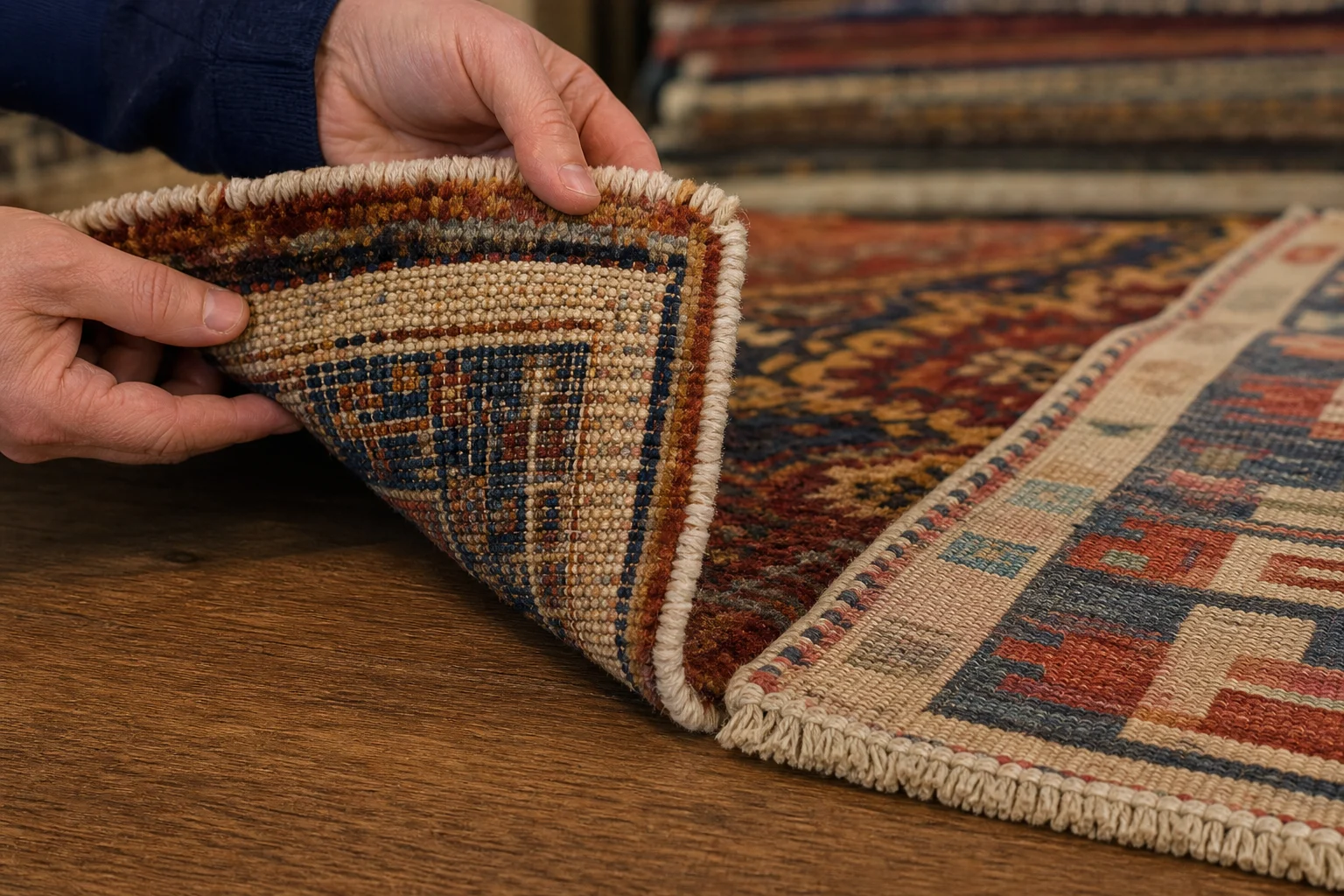Close comparison of a hand-knotted pile rug and a flatwoven hand-woven rug