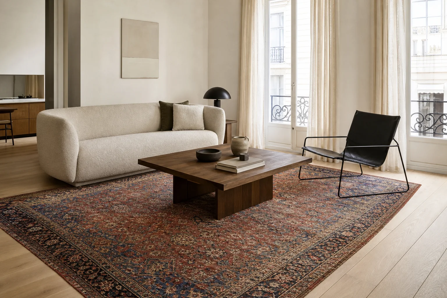 A hand-knotted rug in a modern living room