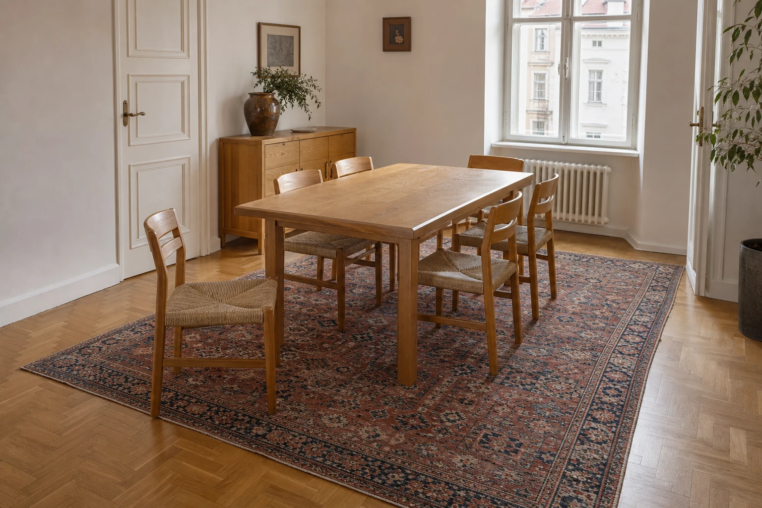 A hand-knotted dining-room rug extends far enough for a pulled-back chair to remain fully supported