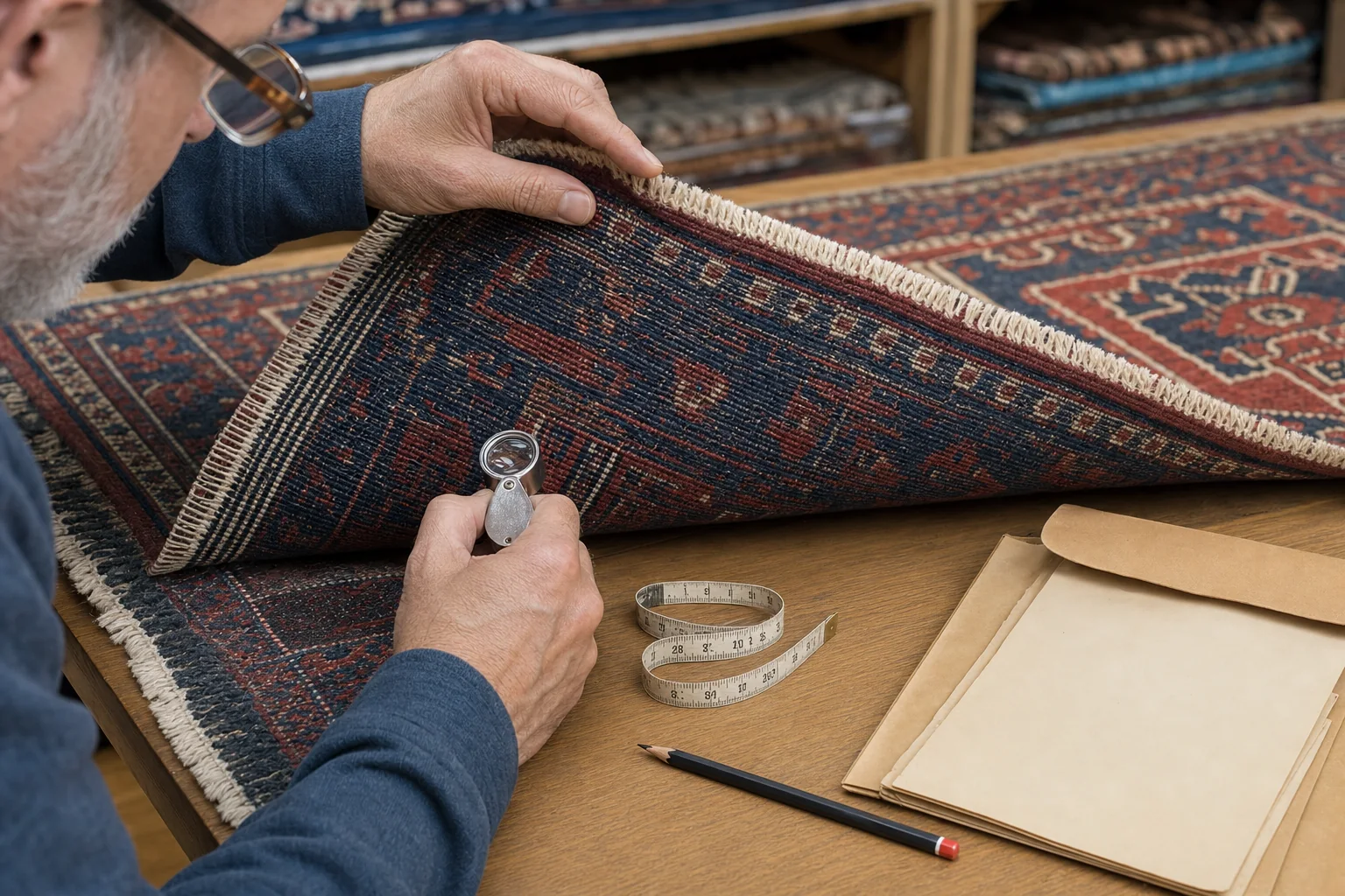A specialist examines the reverse, knots, fringes and construction of a hand-knotted rug when assessing its origin