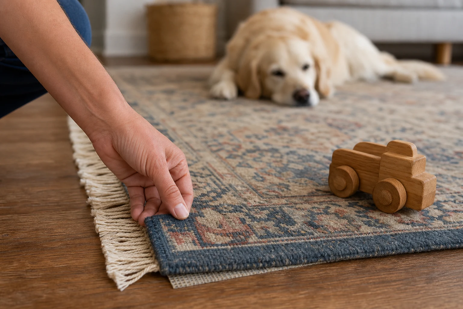 Close-up of a hand-knotted wool rug with a flat edge, fringe away from foot traffic, a wooden toy and a calm dog in the background