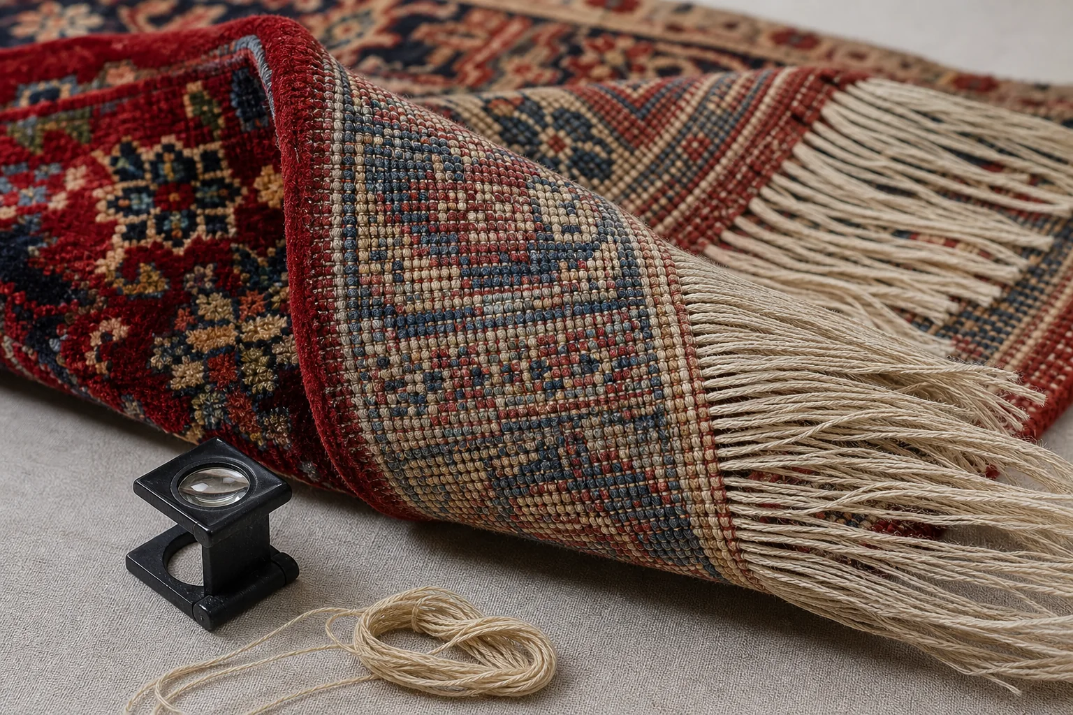 Detail of the face, reverse, individual knot rows and fringe of a hand-knotted Persian rug during specialist inspection