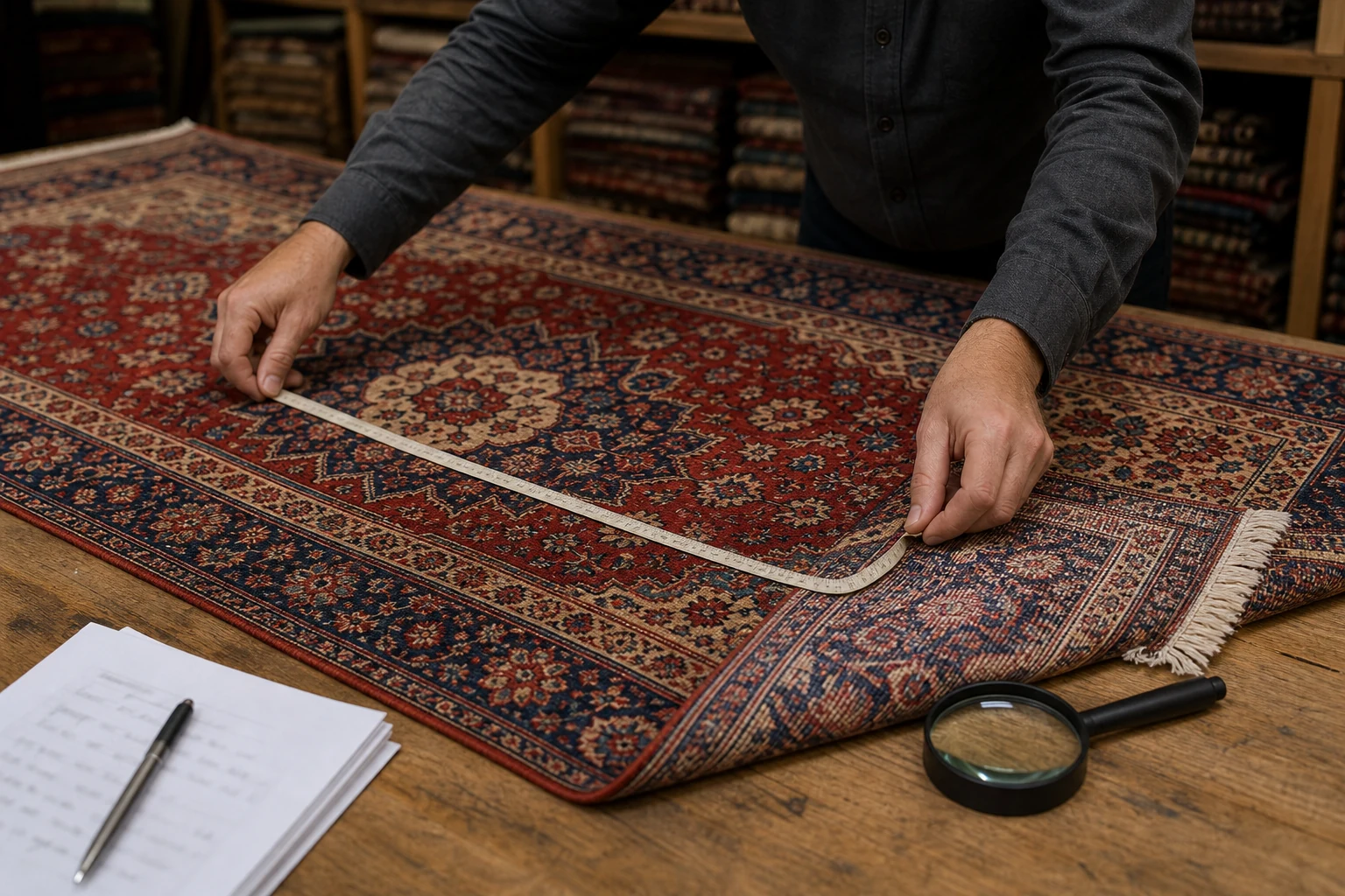 A specialist measures a Persian rug, checks its reverse and records its identifying details
