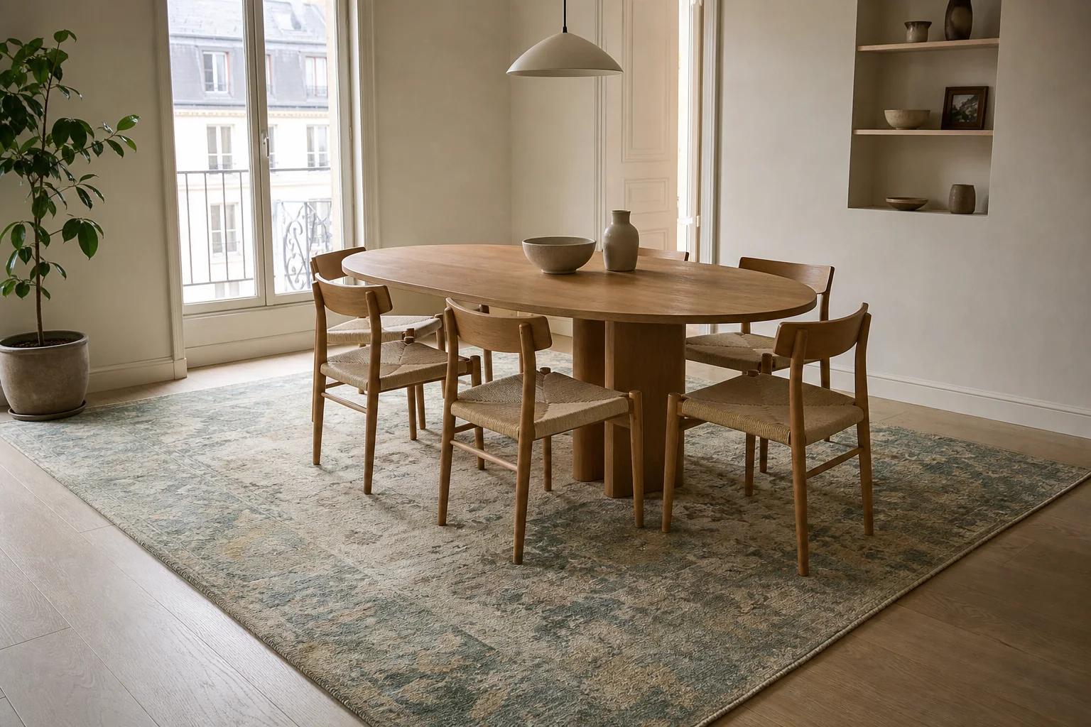 A muted hand-knotted rug with a generous low-contrast design creates a calm atmosphere beneath a dining table