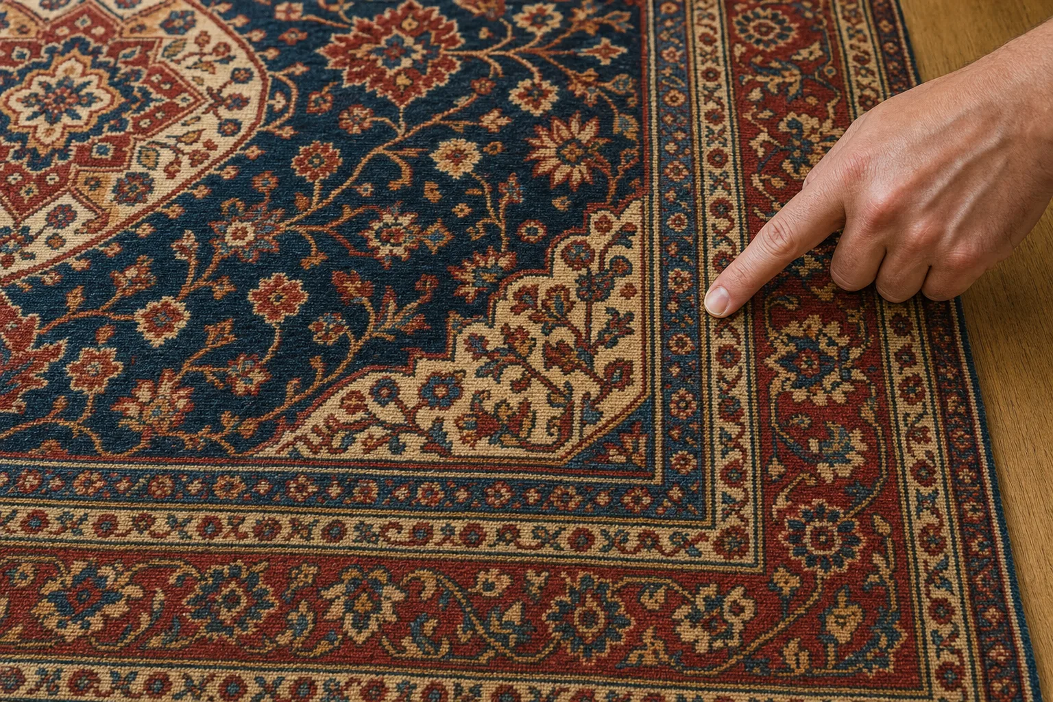 Close view of a Persian rug showing a central medallion, corner piece, floral field and several border bands
