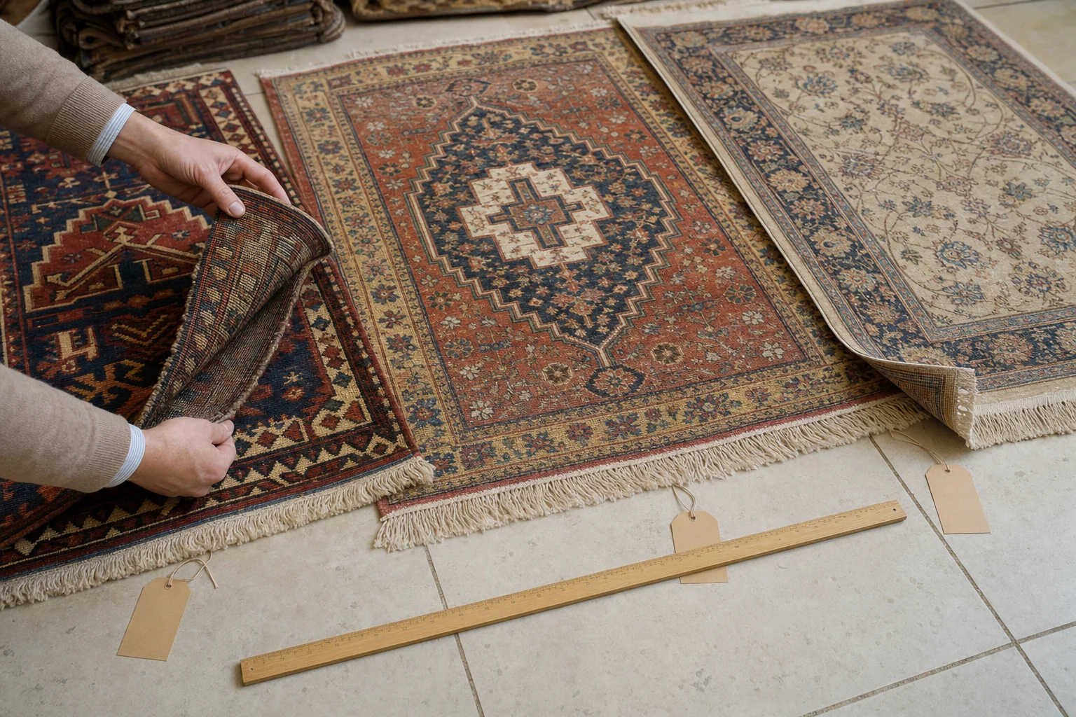 Three hand-knotted Persian rugs of different sizes, materials and fineness being compared