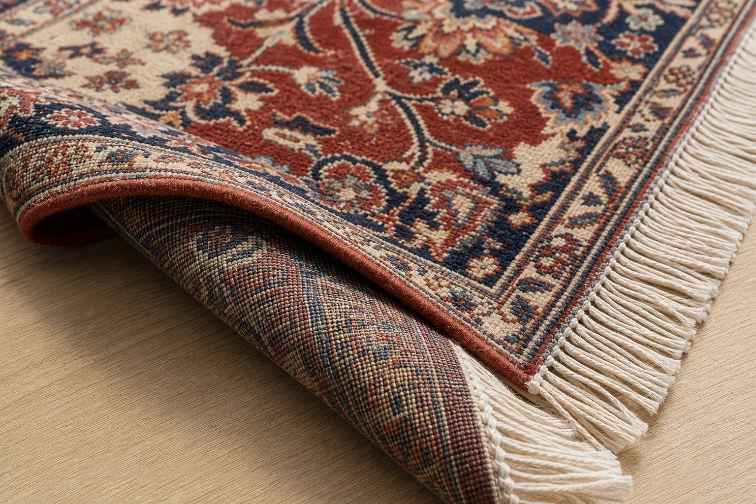 Close detail of the face, reverse, secure edge and integrated fringe of a quality hand-knotted Persian rug