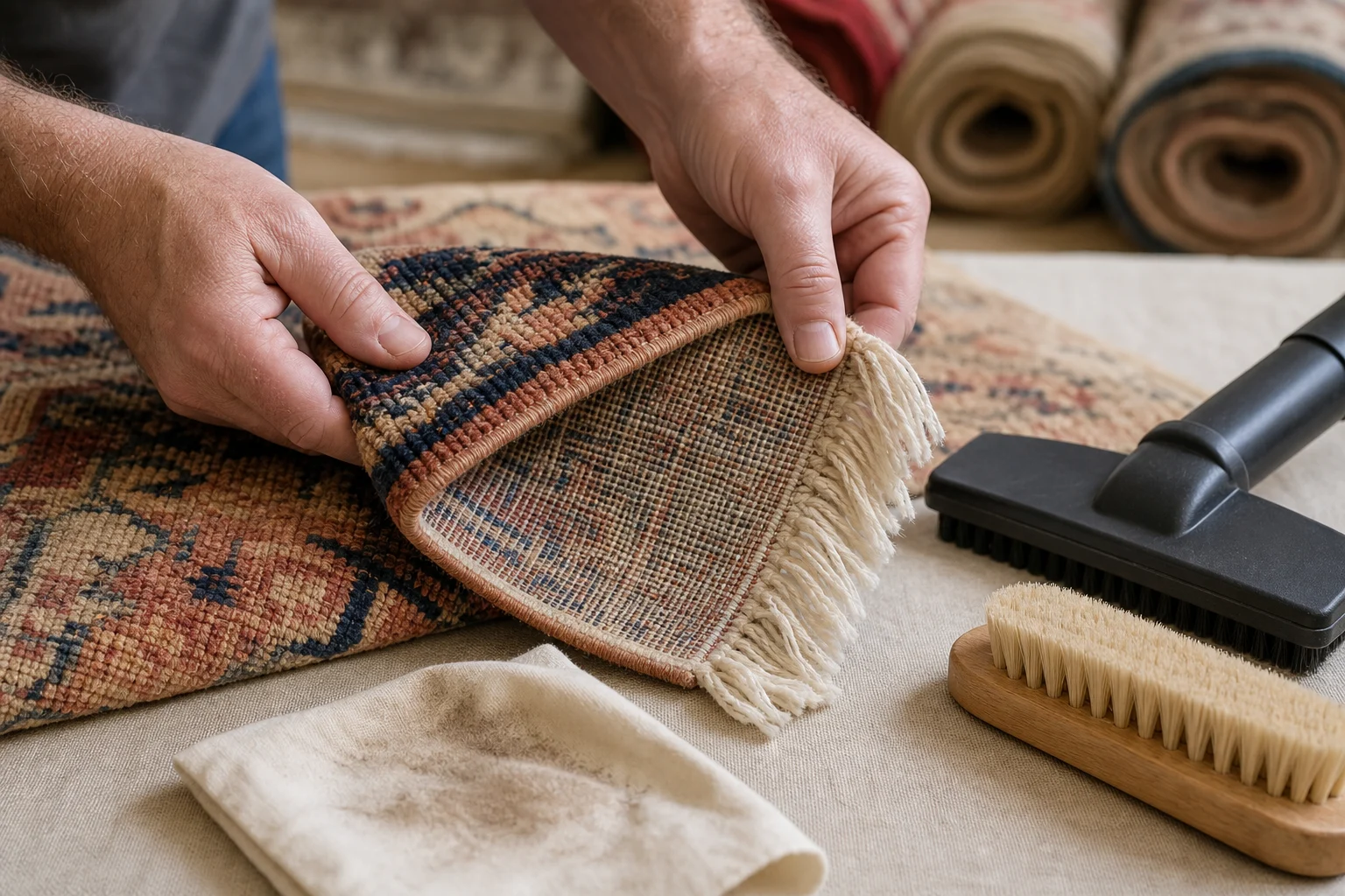 Close detail of specialist inspection of the reverse, edge, fringe and fine dust in a hand-knotted rug before cleaning
